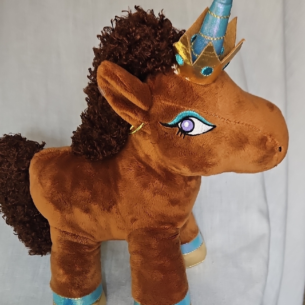 NEW  AFRO UNICORN Stuffed Animal Toy Brown Unicorn Plush Gold Blue Accents